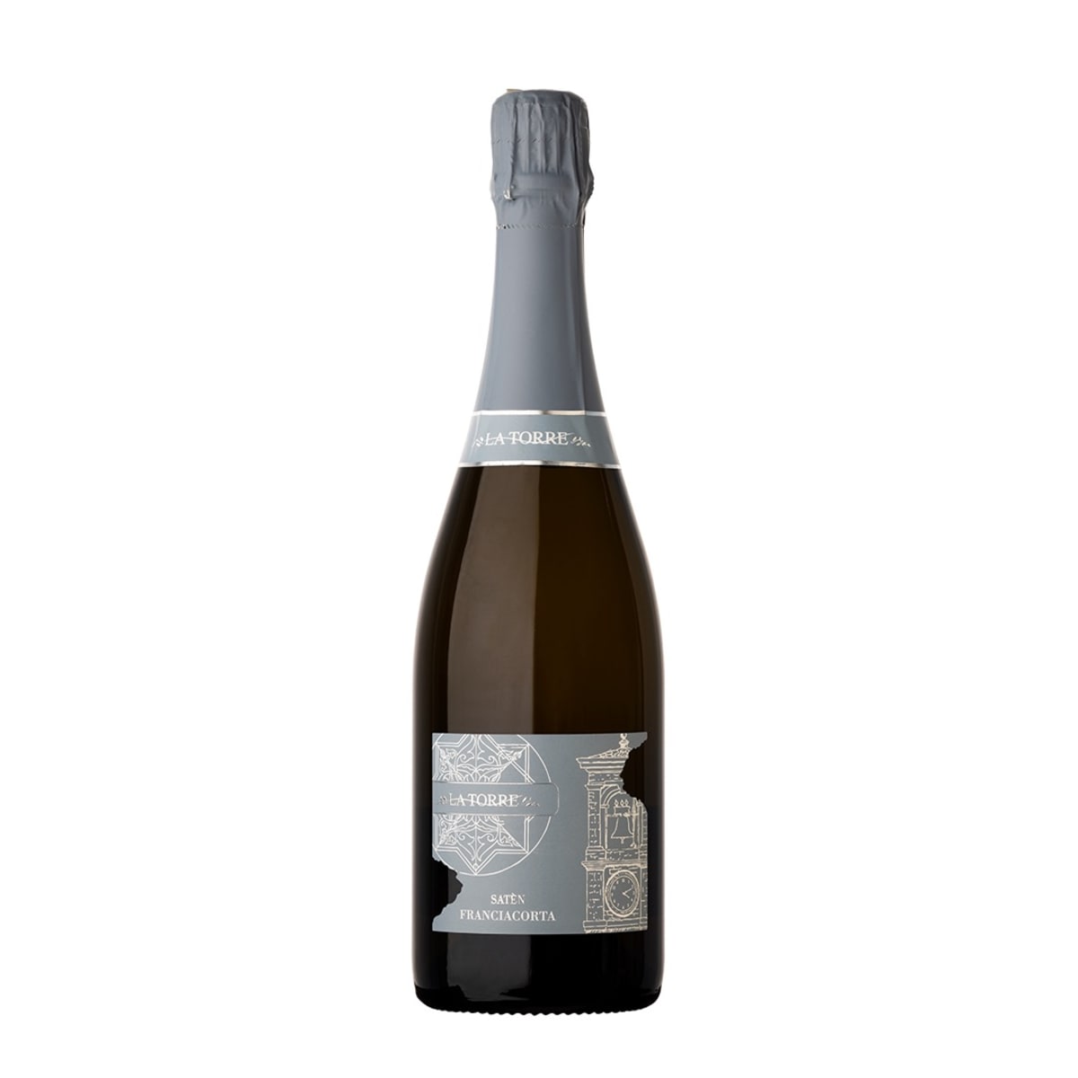 Bottiglia di Franciacorta DOCG Satèn La Torre su fondo bianco