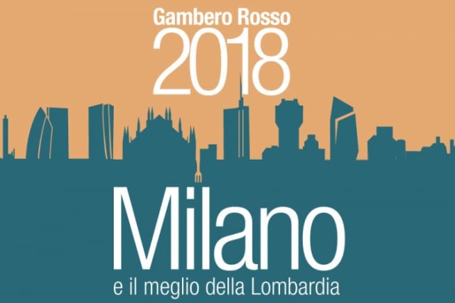 Copertina della guida Gambero Rosso «Milano e il meglio della Lombardia 2018»: lo skyline di Milano in verde petrolio su cielo arancione.