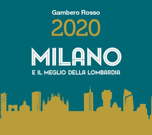 Copertina della guida Gambero Rosso «Milano e il meglio della Lombardia 2020»: lo skyline di Milano in oro su fondo verde petrolio.