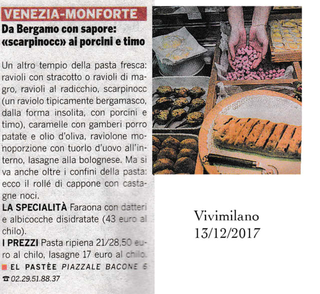 Ritaglio di ViviMilano del 13 dicembre 2017: la scheda su El Pastèe nella rubrica Venezia-Monforte, intitolata «Da Bergamo con sapore: scarpinocc ai porcini e timo», accanto a una fotografia del banco di pasta fresca.