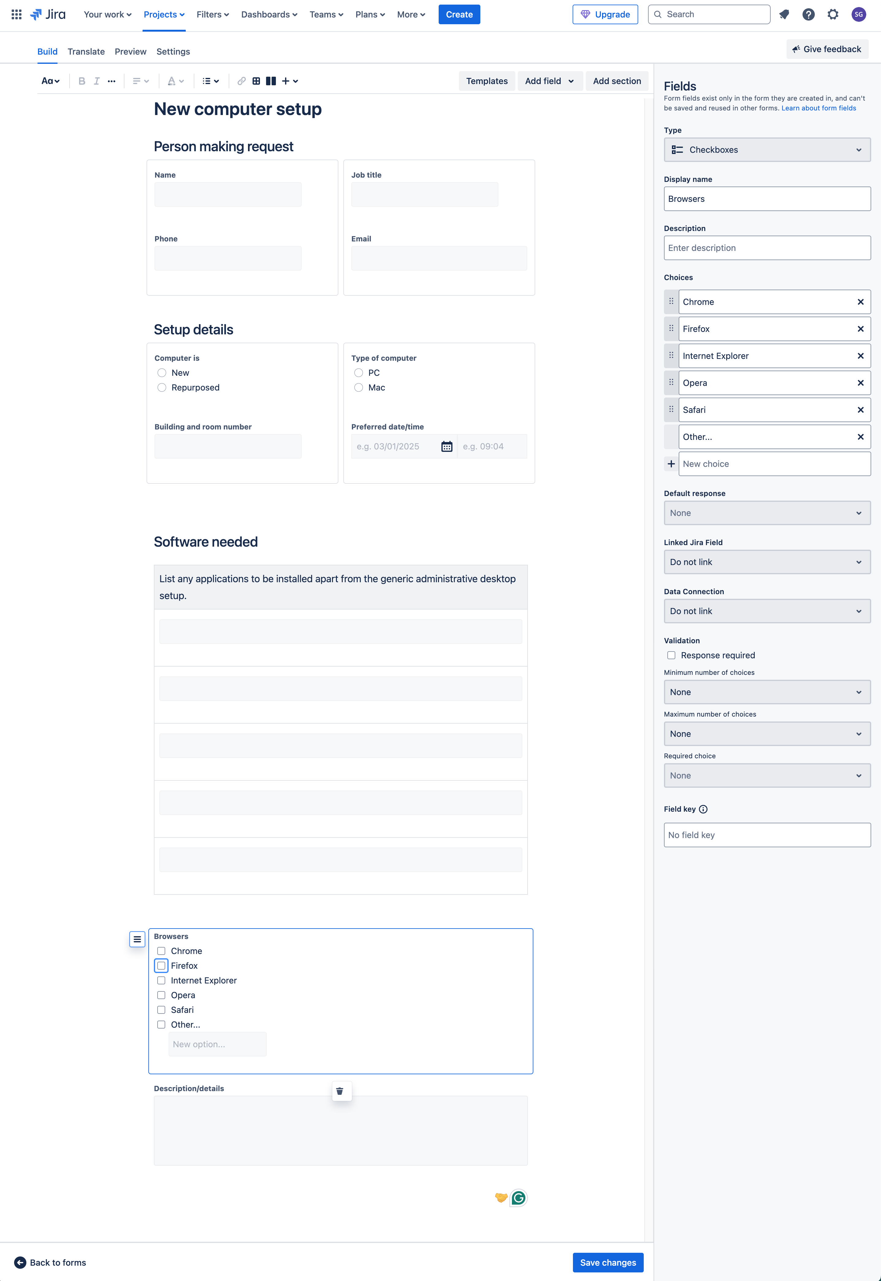 Form edit screen