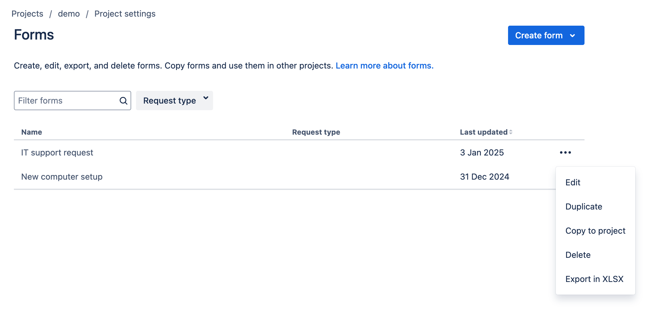 Updated forms list