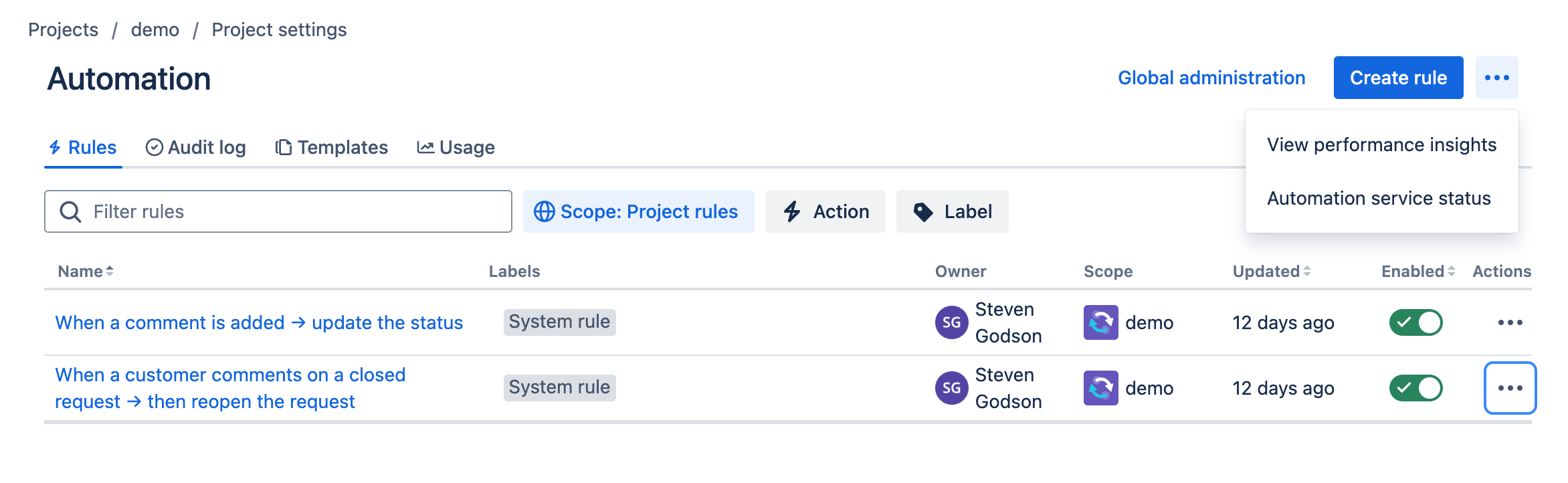 Rules tab