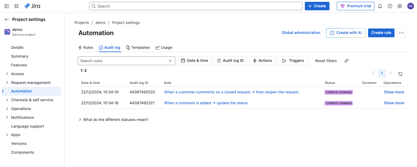 Audit log tab