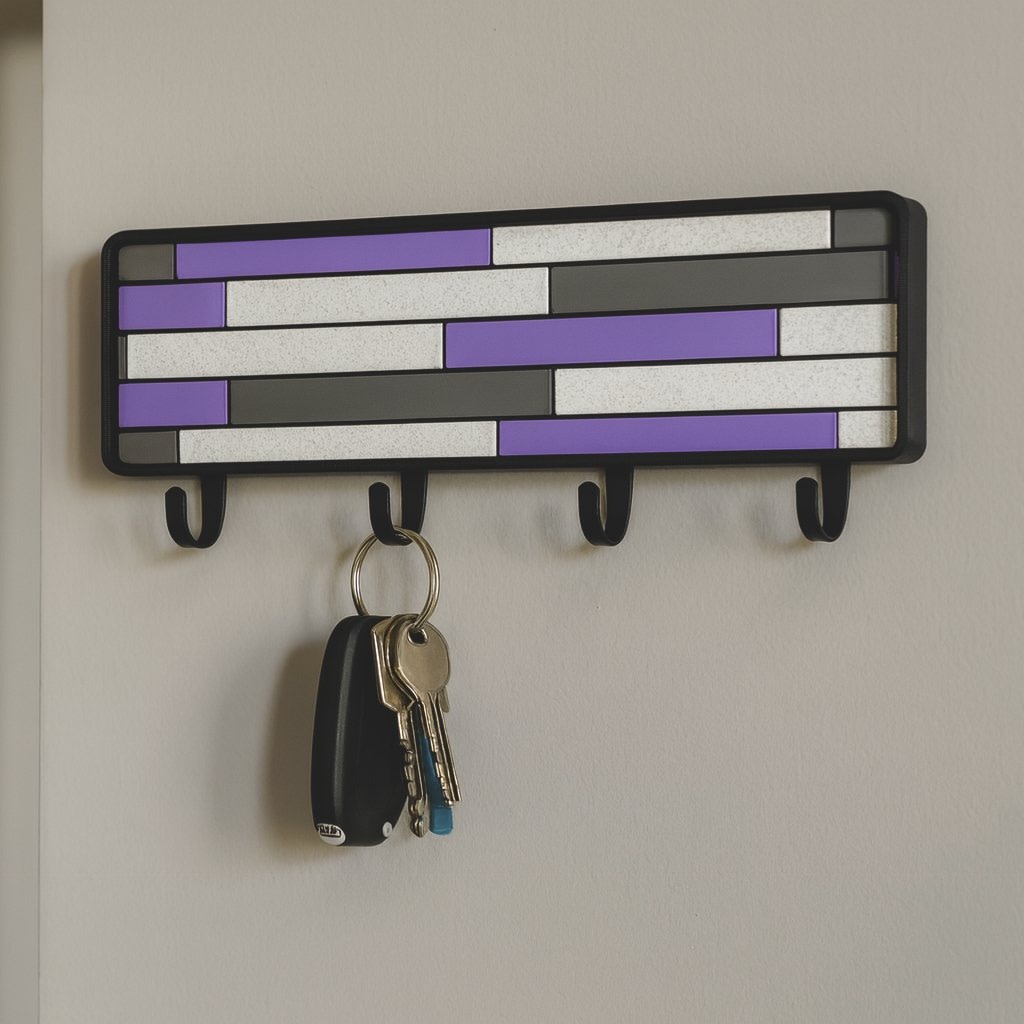 Purple and gray Mosaic key holder hung level on a beige wall, a car key and house keys on the second hook