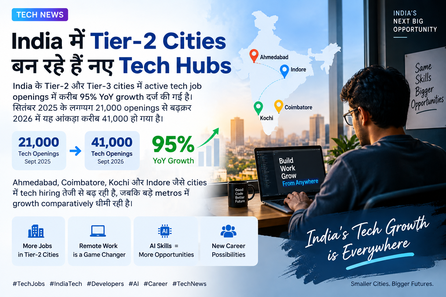 India में Tier-2 Cities बन रहे हैं नए Tech Hubs 🚀🇮🇳 India के Tier-2 और Tier-3 cities में active tech job openings मे…