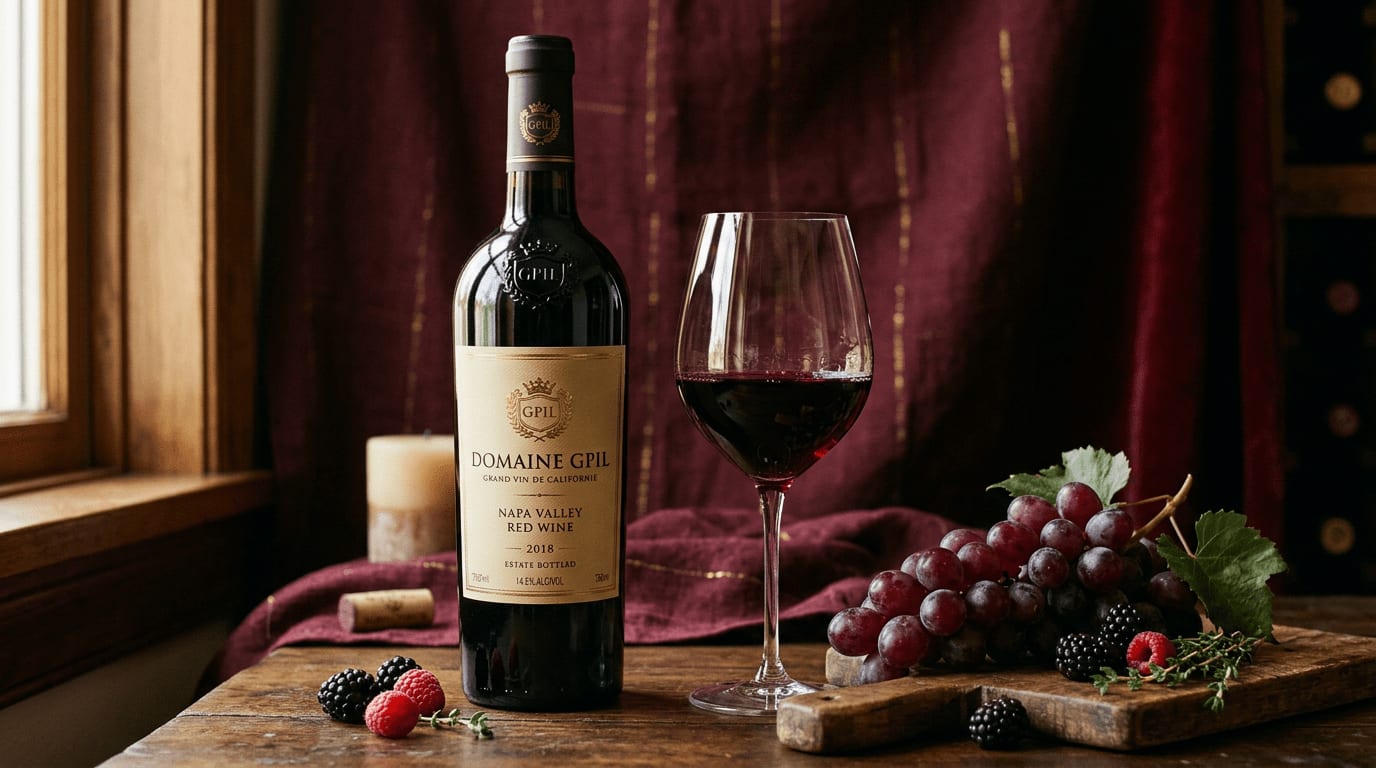 GPIL Natural Sweet Red wine bottle with glass, grapes and berries