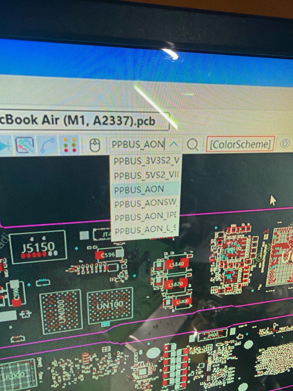 Paparan boardview MacBook Air M1 A2337 digunakan untuk menyemak laluan PPBUS_AON