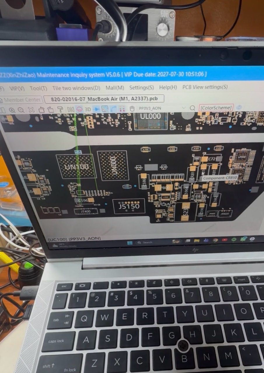 Paparan boardview MacBook Air M1 A2337 untuk pemeriksaan rail sekunder