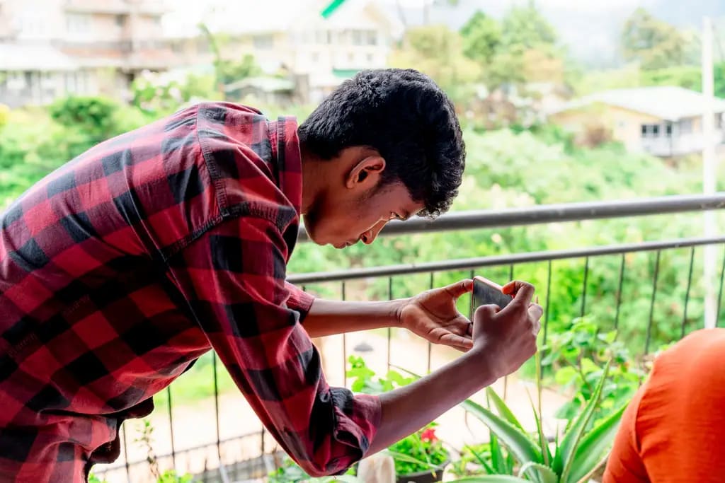 Filming with a phone on a balcony, Nuwara Eliya, October 2023.