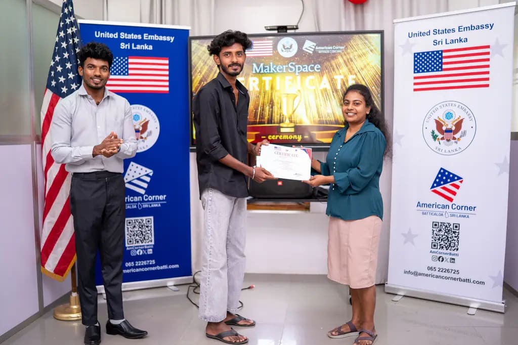 Handing out certificates at the 3D printing workshop, Batticaloa, April 2026.