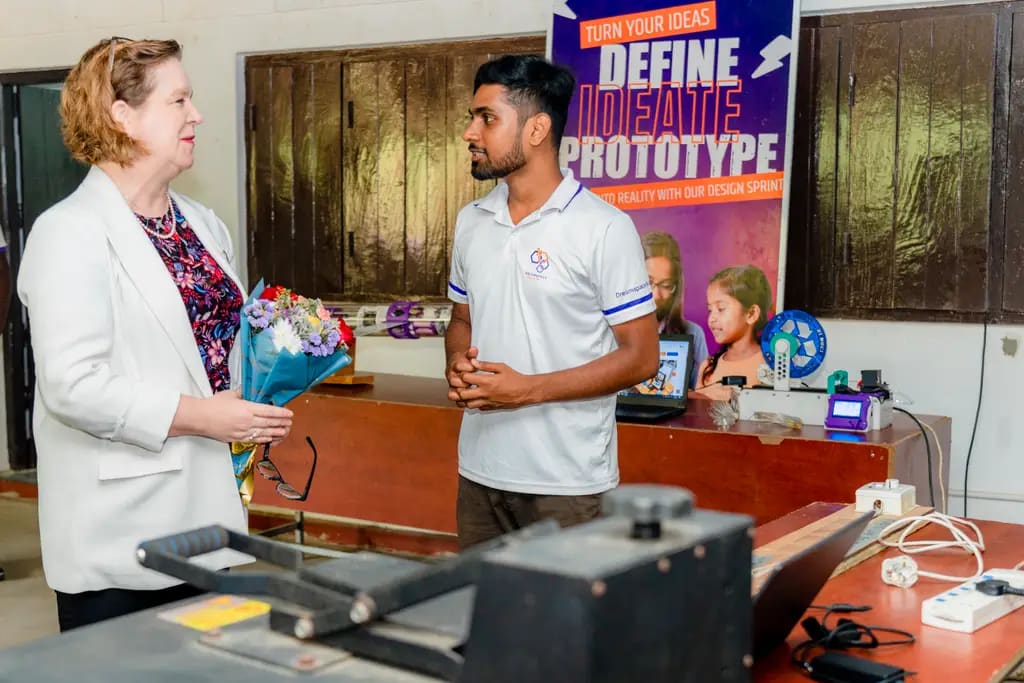 The High Commissioner of Canada in the makerspace, DreamSpace Academy Batticaloa, May 2026.
