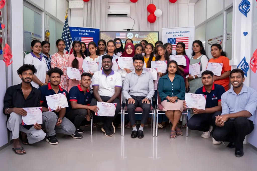 Participants with their certificates at the 3D printing workshop, Batticaloa, April 2026.
