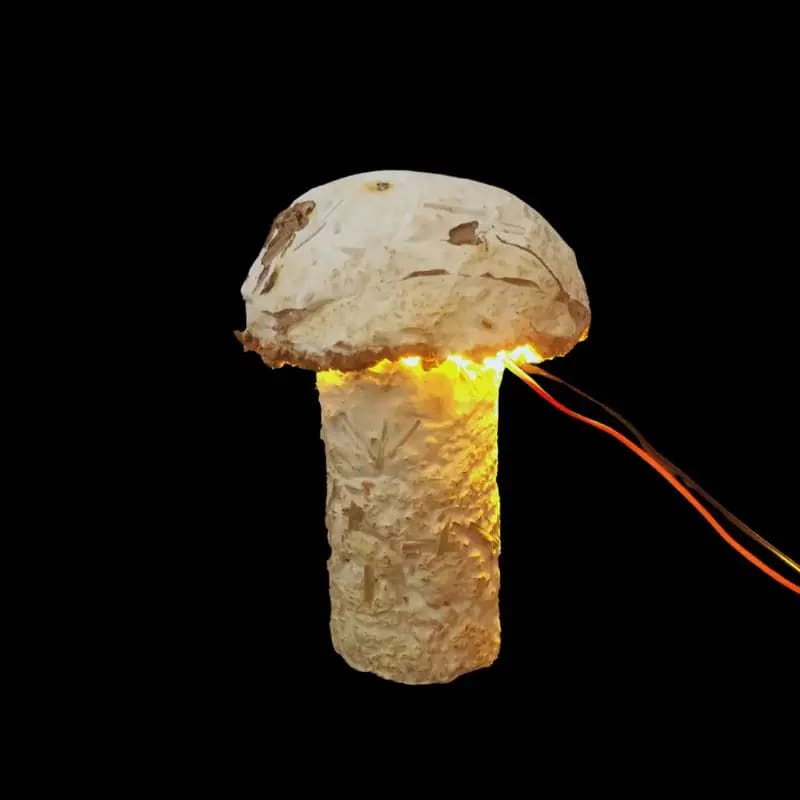 The mushroom-mushroom lamp, grown from mycelium, lit up, July 2022. Photo: Dinacon 2022.