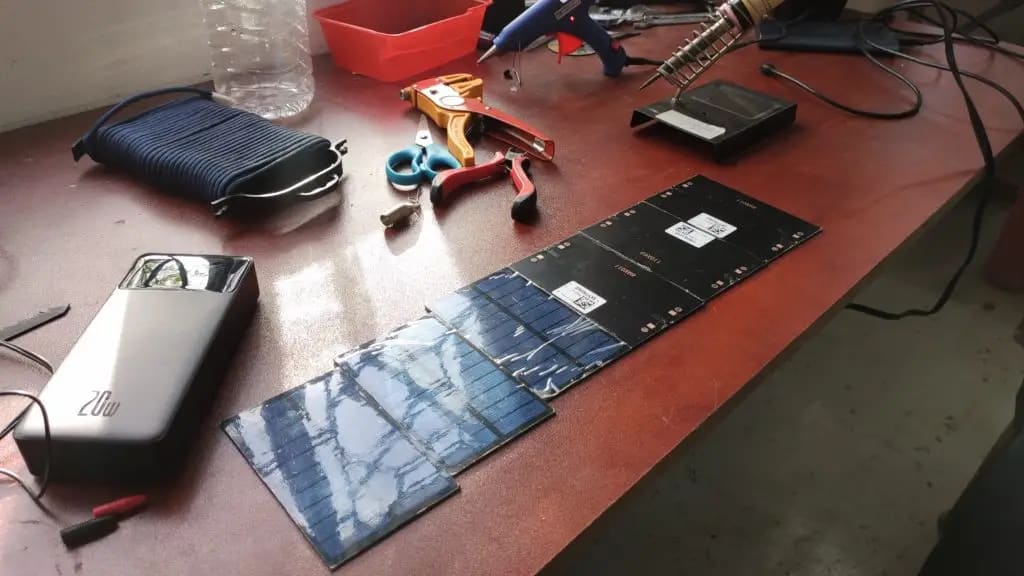 Solar panels and tools laid out for the build, July 2022. Photo: Dinacon 2022.