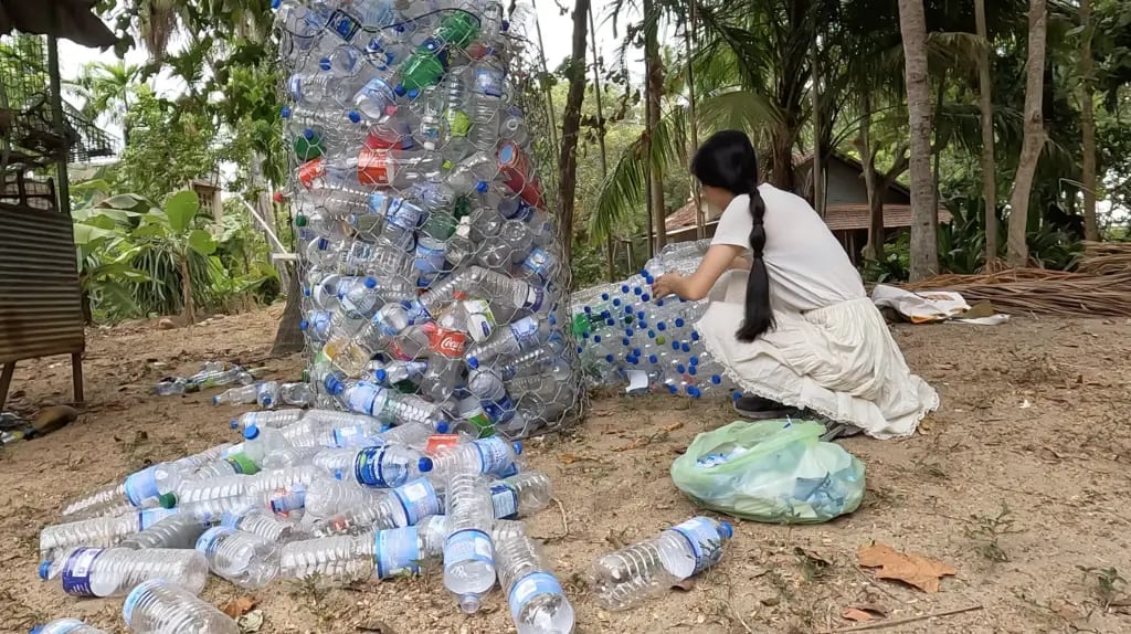 Collecting bottle labels from a recycling bin, July 2022. Photo: Dinacon 2022.
