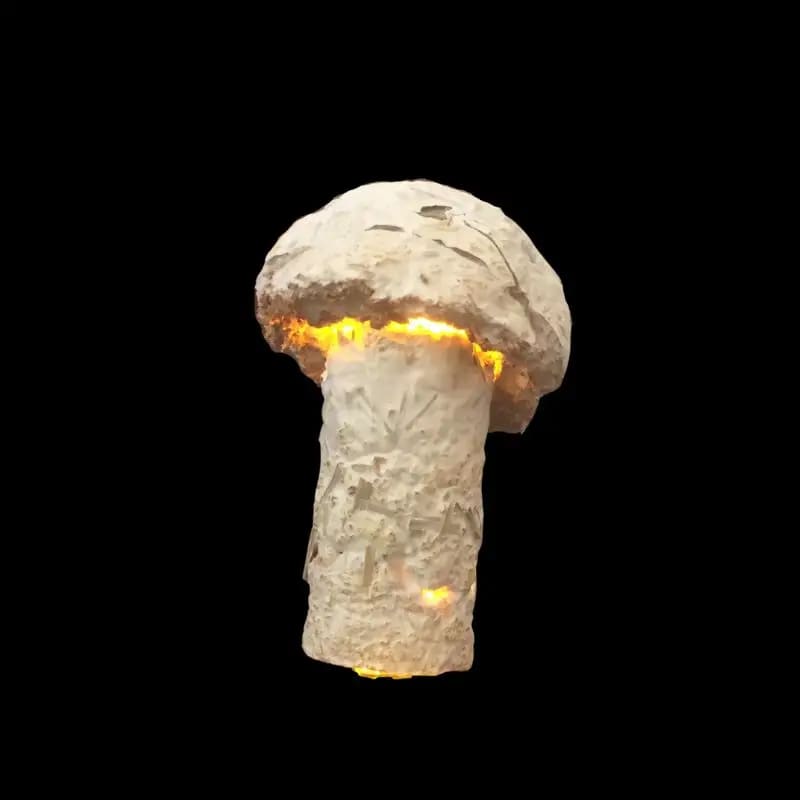 The finished lamp glowing under its mycelium cap, July 2022. Photo: Dinacon 2022.
