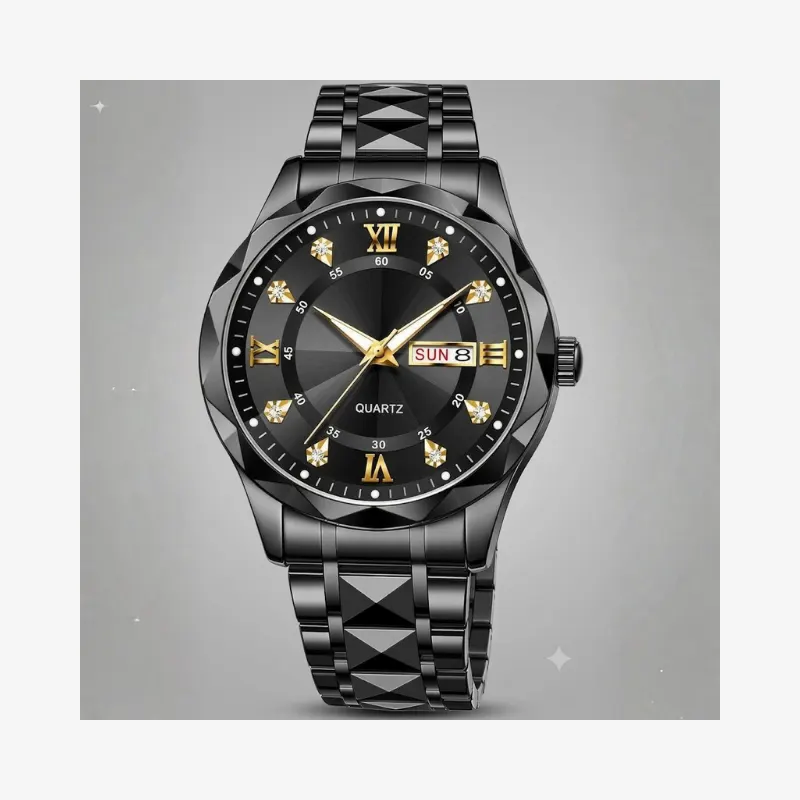 LONGBO Trident Diamond Analog Watch Black Dial Roman Numeral Markers Stainless Steel Bracelet Day-Date Calendar Luminous Business Formal Wristwatch Gift for Men Husband Brother