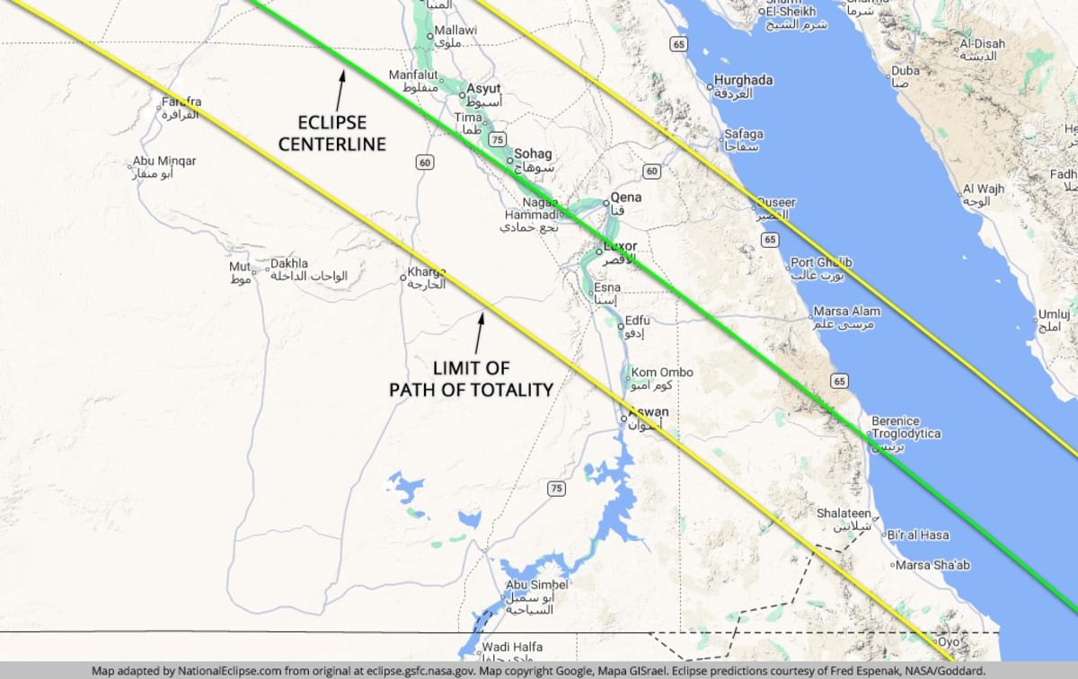 Mapa de la franja de totalidad del eclipse de 2027 sobre Luxor y el valle del Nilo