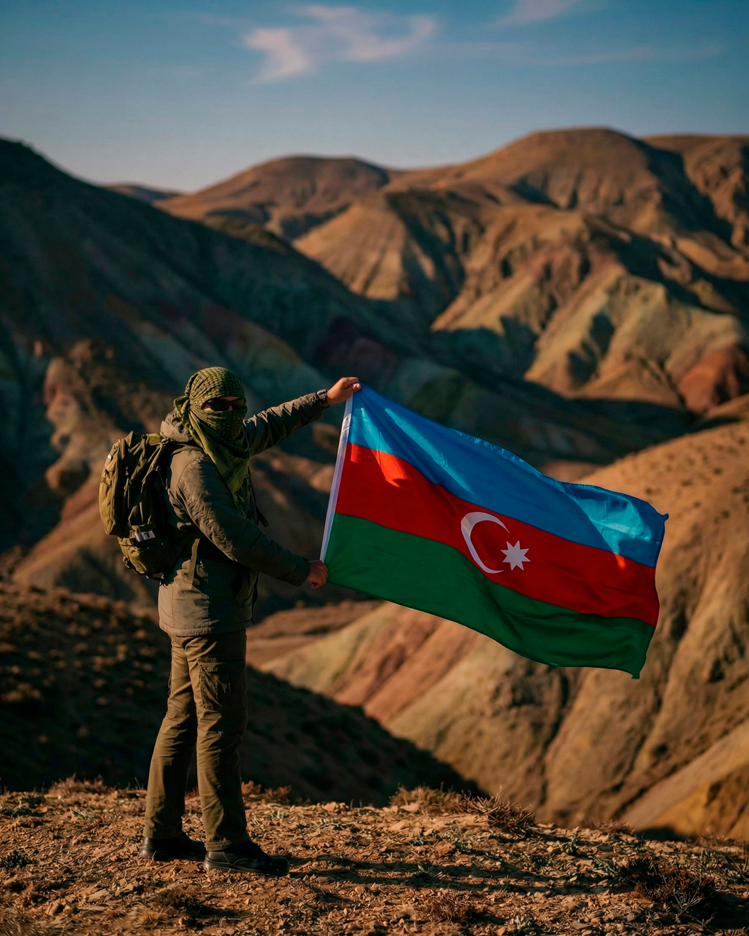 Səyyah heyrətamiz dağ mənzərələri fonunda Azərbaycan bayrağını qürurla dalğalandırır.