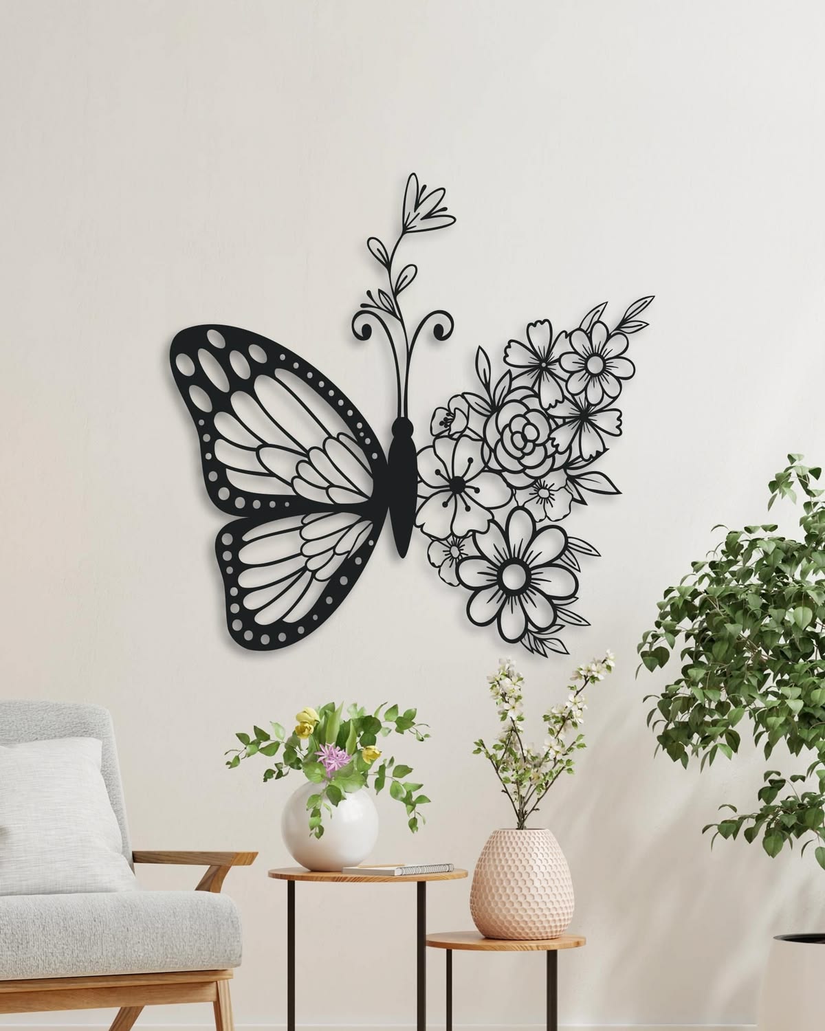 Floral Butterfly Half-Symmetrical Metal Wall Art