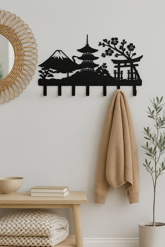 Japanese Pagoda & Mount Fuji Metal Wall Key Rack