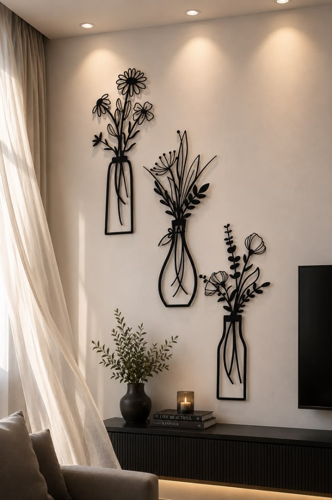 Minimalist Botanical Wildflowers in Vases 3-Piece Metal Wall Art Set