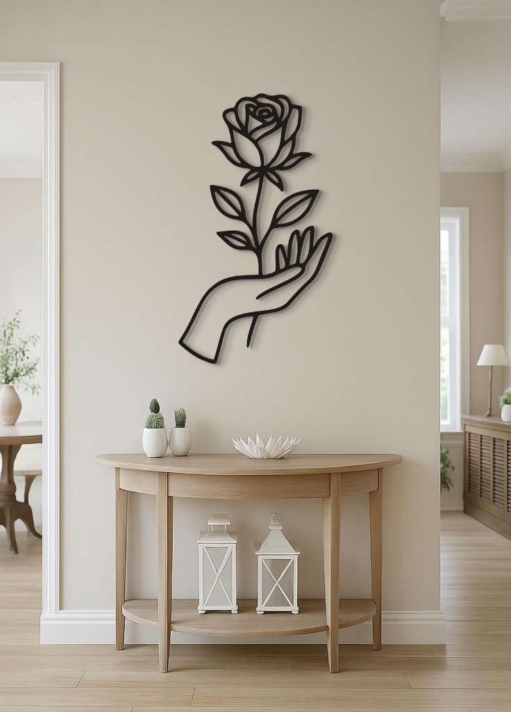 Hand Holding Rose Minimalist Metal Wall Art