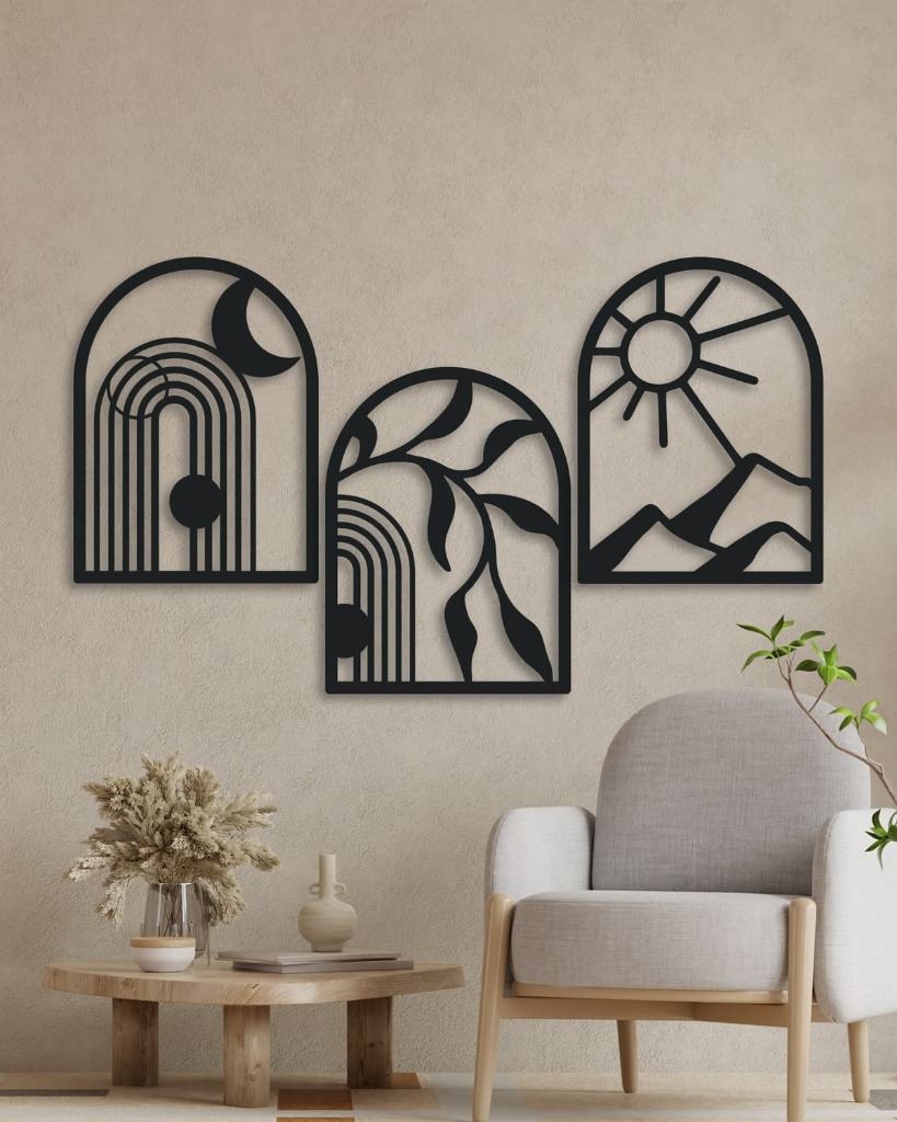 Arched Boho Celestial Landscape 3-Piece Metal Wall Art Set