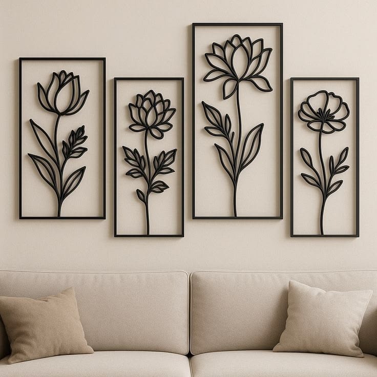 Blooming Floral Stems 4-Piece Framed Metal Wall Art Set
