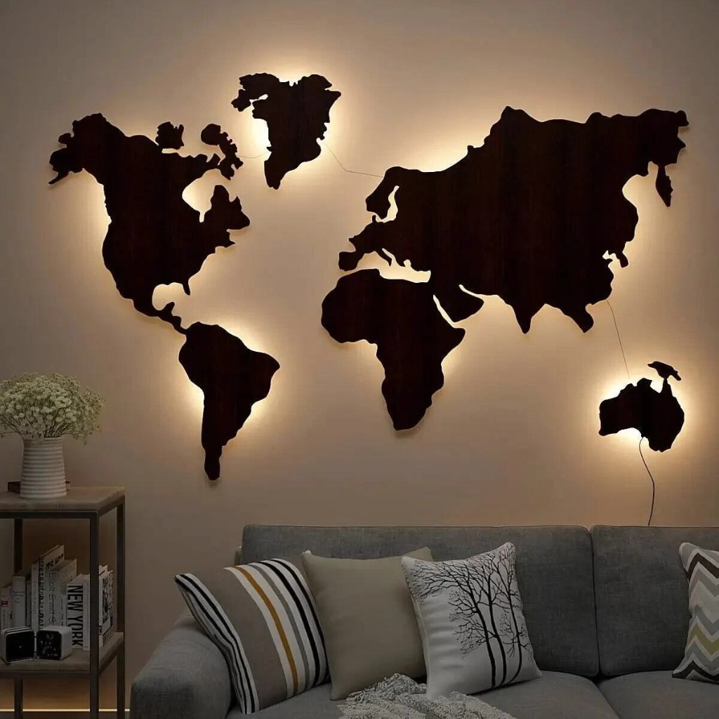 LED Backlit World Map Metal Wall Art