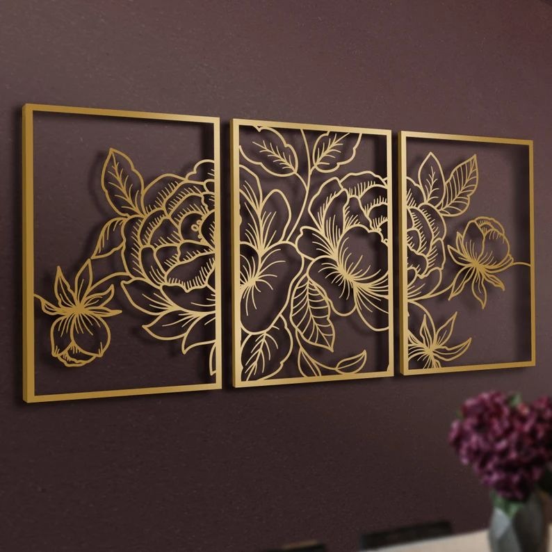Golden Peony Rose Flowers 3-Piece Framed Metal Wall Art Set