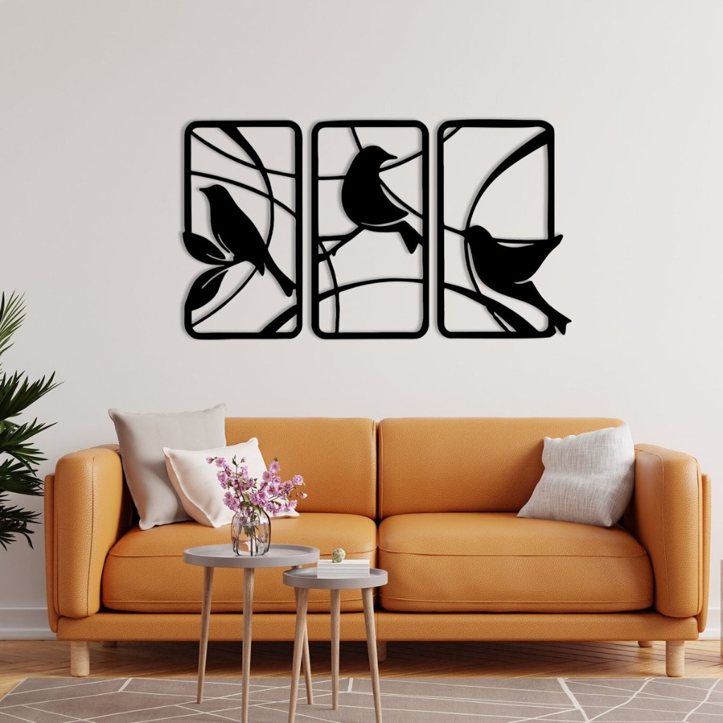 Birds on Curved Branches 3-Piece Framed Metal Wall Art Set