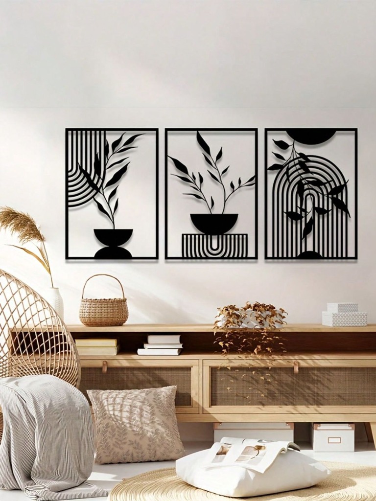 Minimalist Botanical Leaves in Vases 3-Piece Framed Metal Wall Art Set