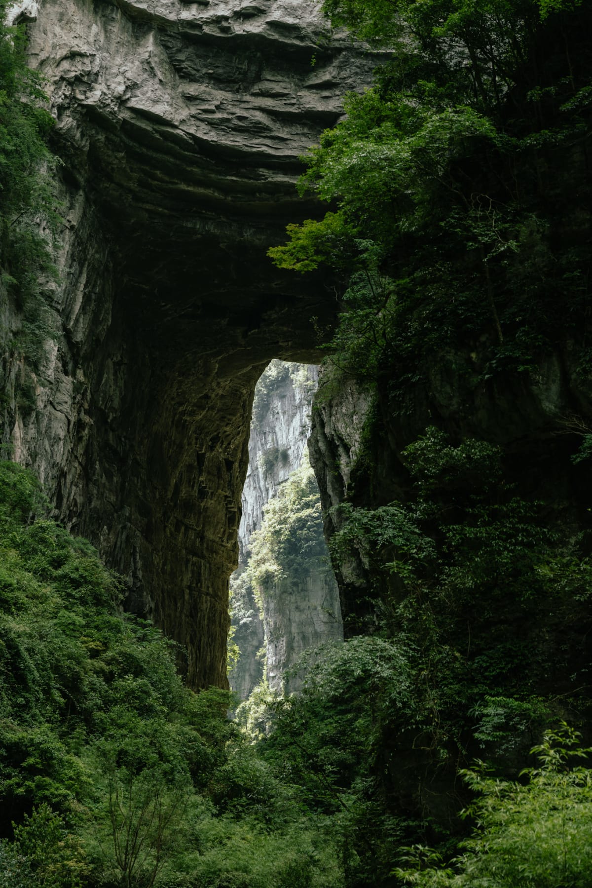 A natural stone arch opening through a lush green gorge