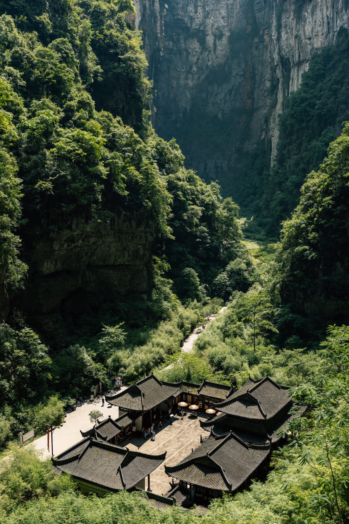 Traditional dark-roofed buildings nestled at the base of a deep green gorge