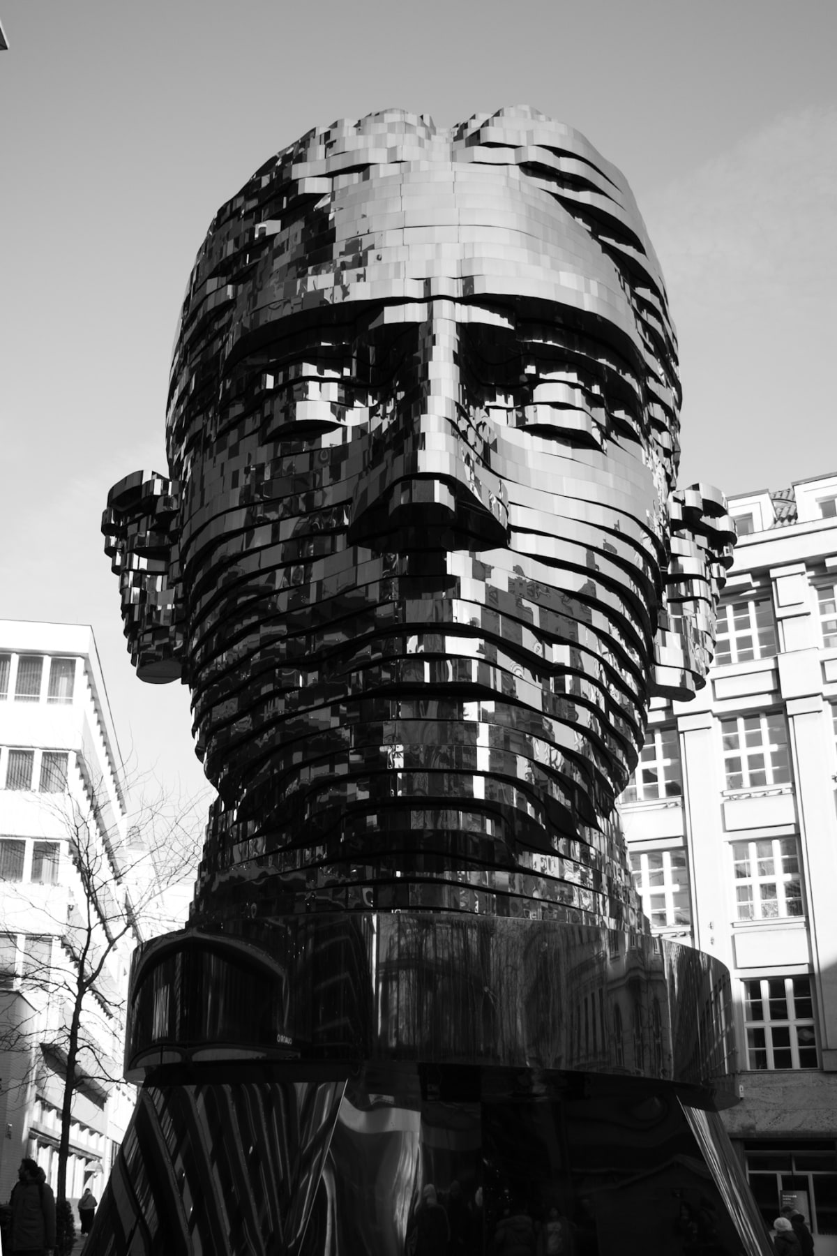 A monumental mirrored head rendered in black and white