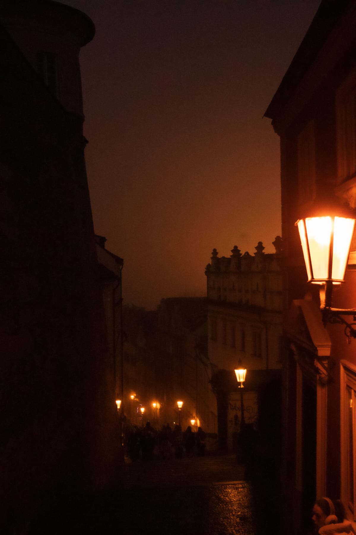 Warm street lamps glowing along a narrow foggy lane