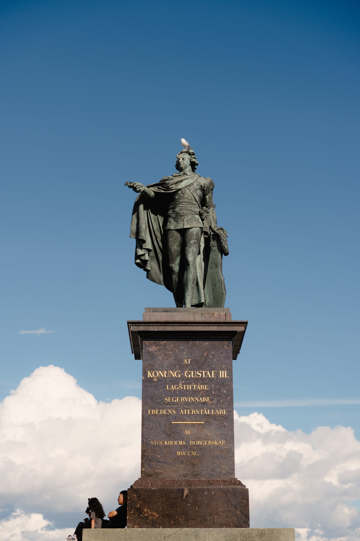 A seagull perched on the statue of King Gustav III beneath blue sky