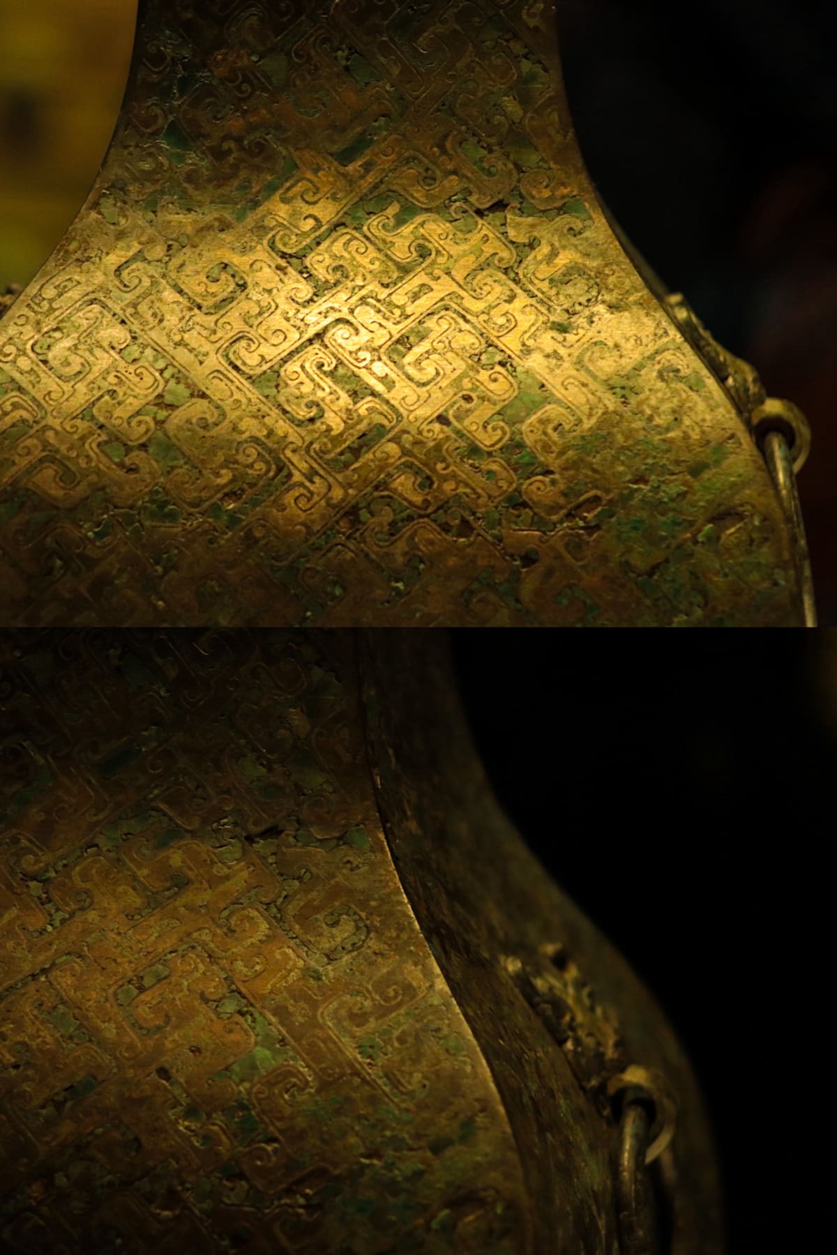 Intricate ancient bronze patterns illuminated in a museum