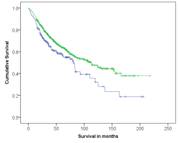 Survival curve comparing patients outcome categorised by expression of ELOVL5 using Anti-ELOVL5 [Z88]. Strong expression of ELOVL5 was associated with improved patients’ outcome (p=0.006). 
