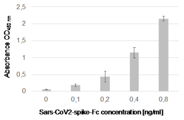 Indirect Enzyme-Linked Immunosorbent Assay (ELISA)
Indicated concentration of huFc-tag antigens Sars-CoV2-Spike protein or control protein (= 0 value) were coated with 100 µl diluted in PBS onto wells of a 96 well ELISA plate for 1 h at RT. After blocking with 350 µl/well 1% BSA/PBS, the mAb 3-5C-I (100 µl/well, 3 µg/ml diluted in 1% BSA/PBS) was added over night at 4°C. After washing, HRP-coupled goat anti mouse Ig pAb (Jackson Laboratories) was incubated for 30 min at RT, subsequently washed, visualized by TMB substrate and measure by a Tecan Sunrise ELISA plate reader