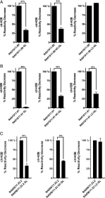 Figure 2. 
Immunoreactivity toward cit-histone H2B of germline and hybrid clones. Binding of the RA-rmAbs GL and hybrids to in vitro cit-histone H2B tested by ELISA for RA-rmAbs RA015/11.88 (A), RA015/11.91 (B), and RA056/11.23.2 (C). Results are expressed as percentage in reactivity decrease compared with the mature clone. Numbers on top of the graph indicate the percentage of decrease reactivity. 
PMID: 32221039 