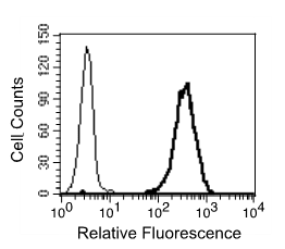 Flow cytometry histogram: 
CHO-CEACAM1 transfectants were stained with purified mAb P2-4H (5 µg/ml; thick line) or isotype matched control mAb (thin line), followed by goat anti-mouse-FITC and analyzed by flow cytometer. Dead cells were discriminated by staining with propidium iodide (PI) and excluded from the analysis.
