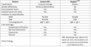 From Kotlinowski J. et al. bioRxiv; 2020. DOI: 10.1101/2020.09.05.250522:
Comparison between characteristics of human PBC and Mcpip1(AlbKO) mice