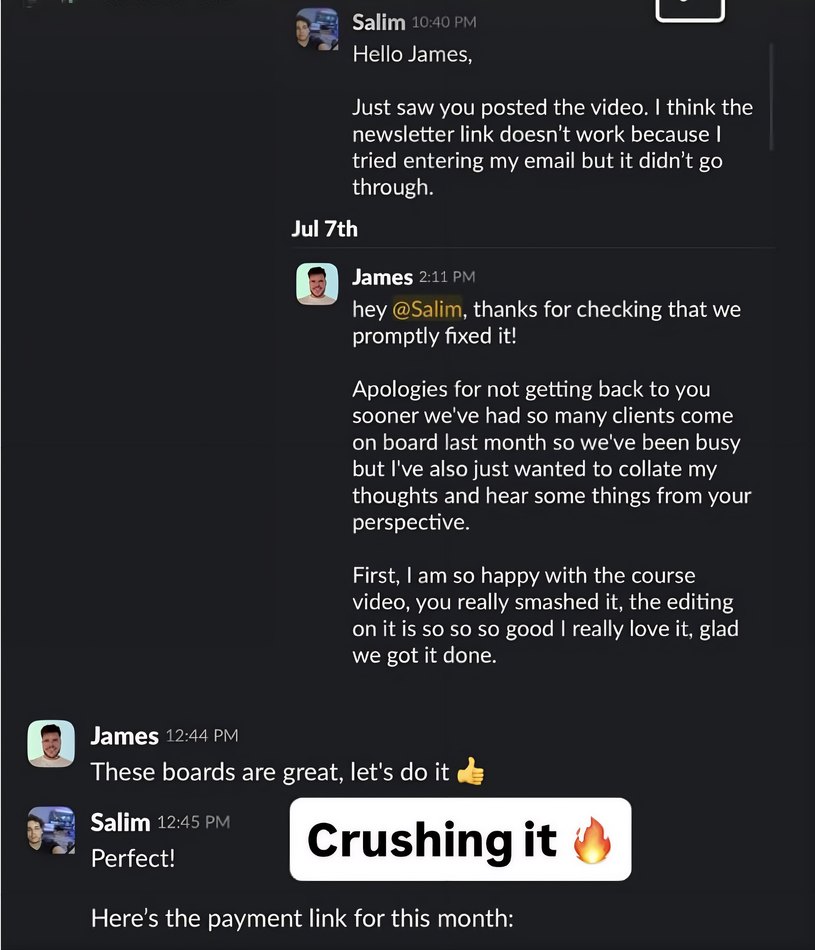 Client message about results from their content