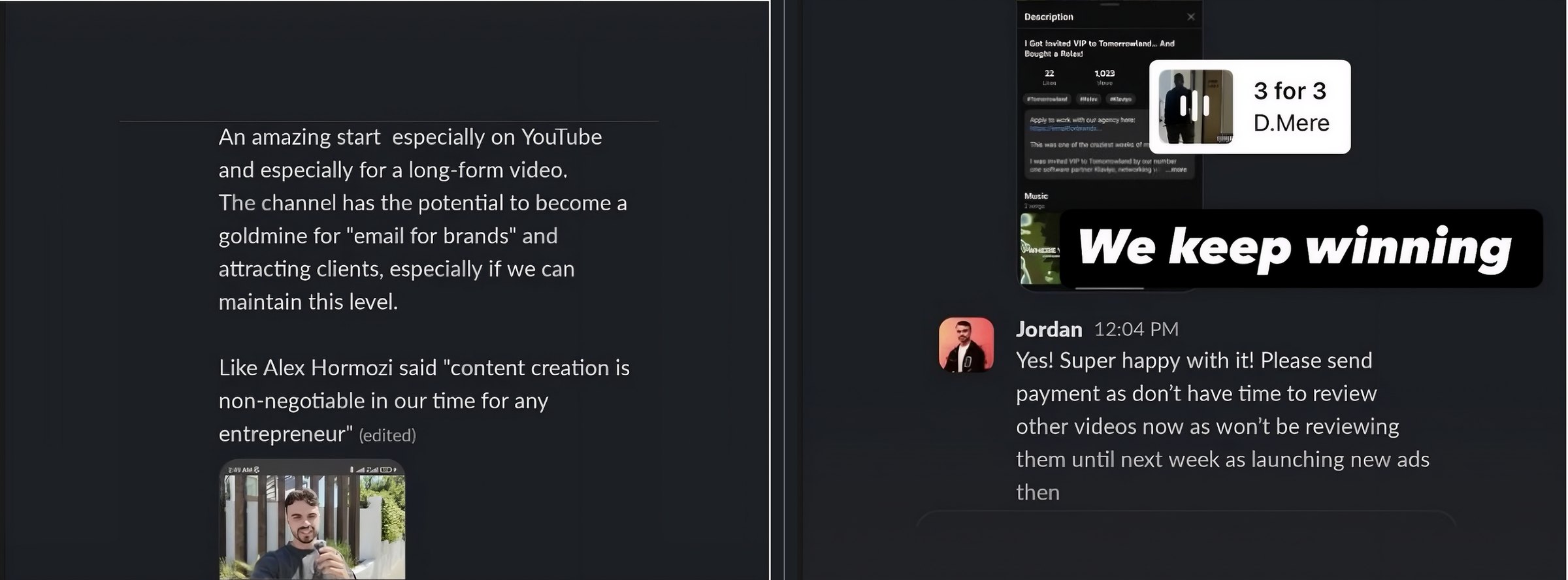 Client message about results from their content