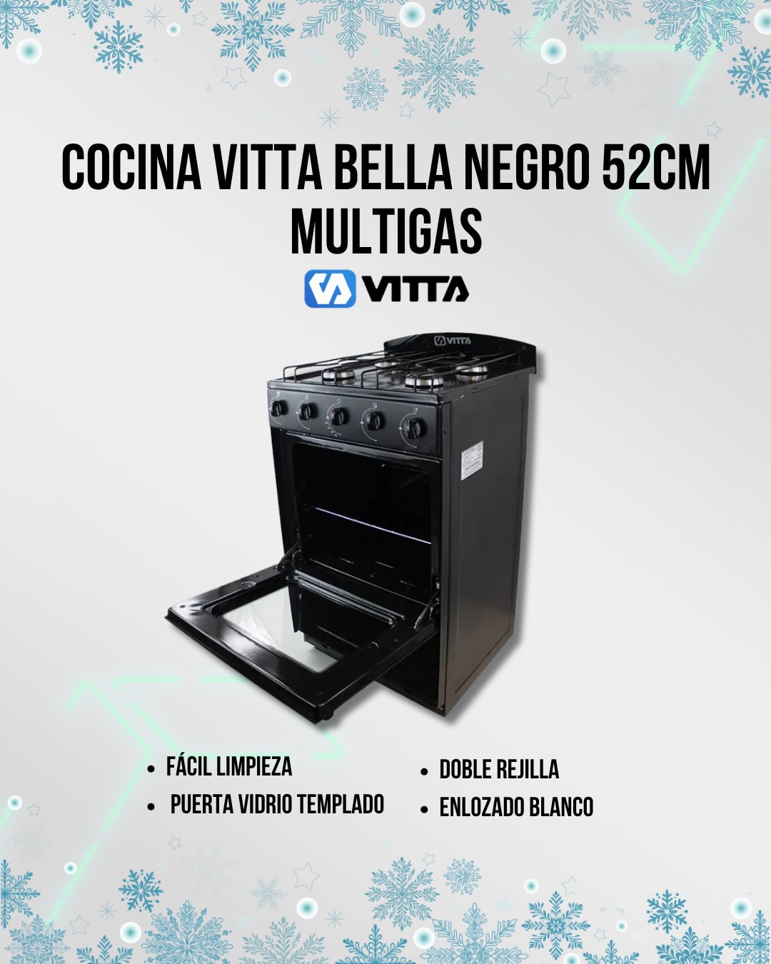 Cocina Vitta Multigas 52 Cm Puerta Y Respaldar De Vidrio (07221) Negro Multigas (N°6032
