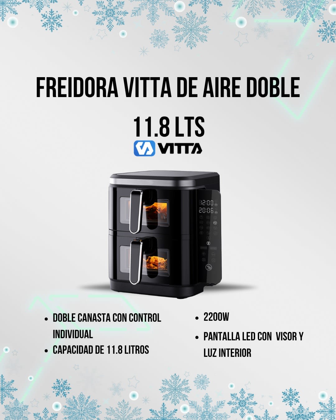 Freidora de Aire Vitta 2200W 11.8L Doble Canasto Digital Negro