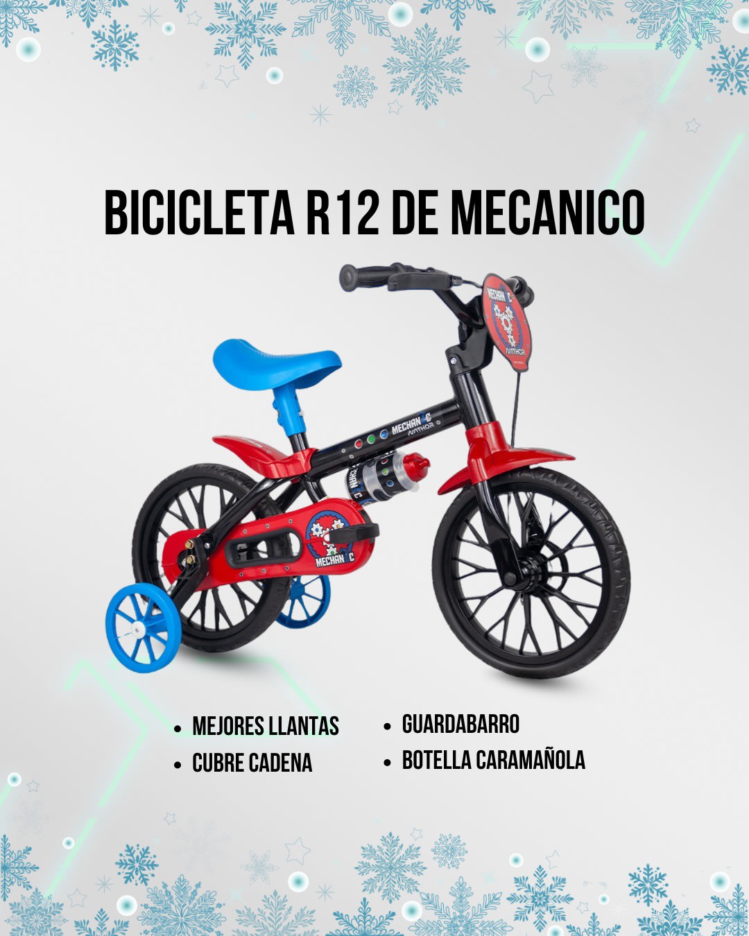 Bicicleta Infantil Reforzada Nathor R12 con Rueditas y Cantimplora Negro/Rojo